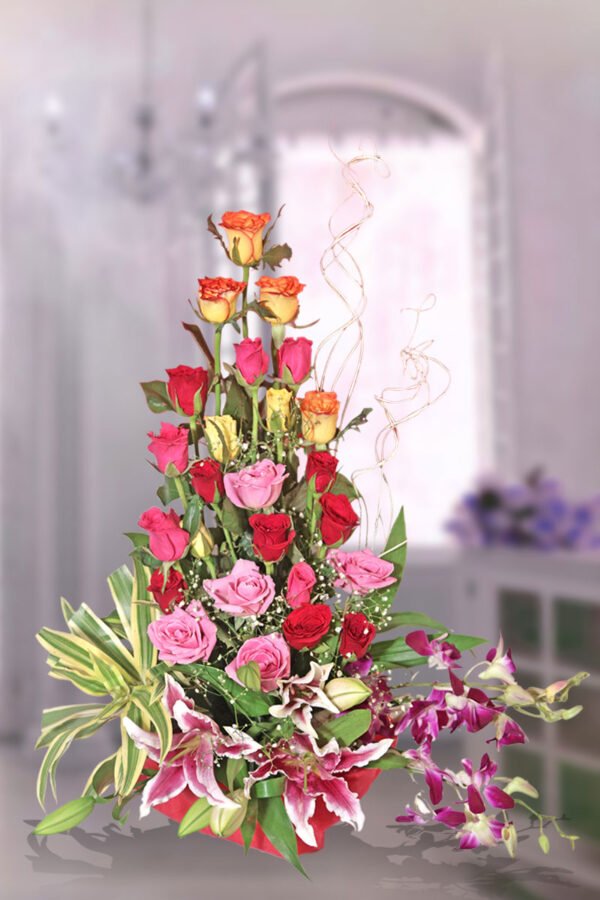 25 Mixed Roses with 2 Pink Lilies